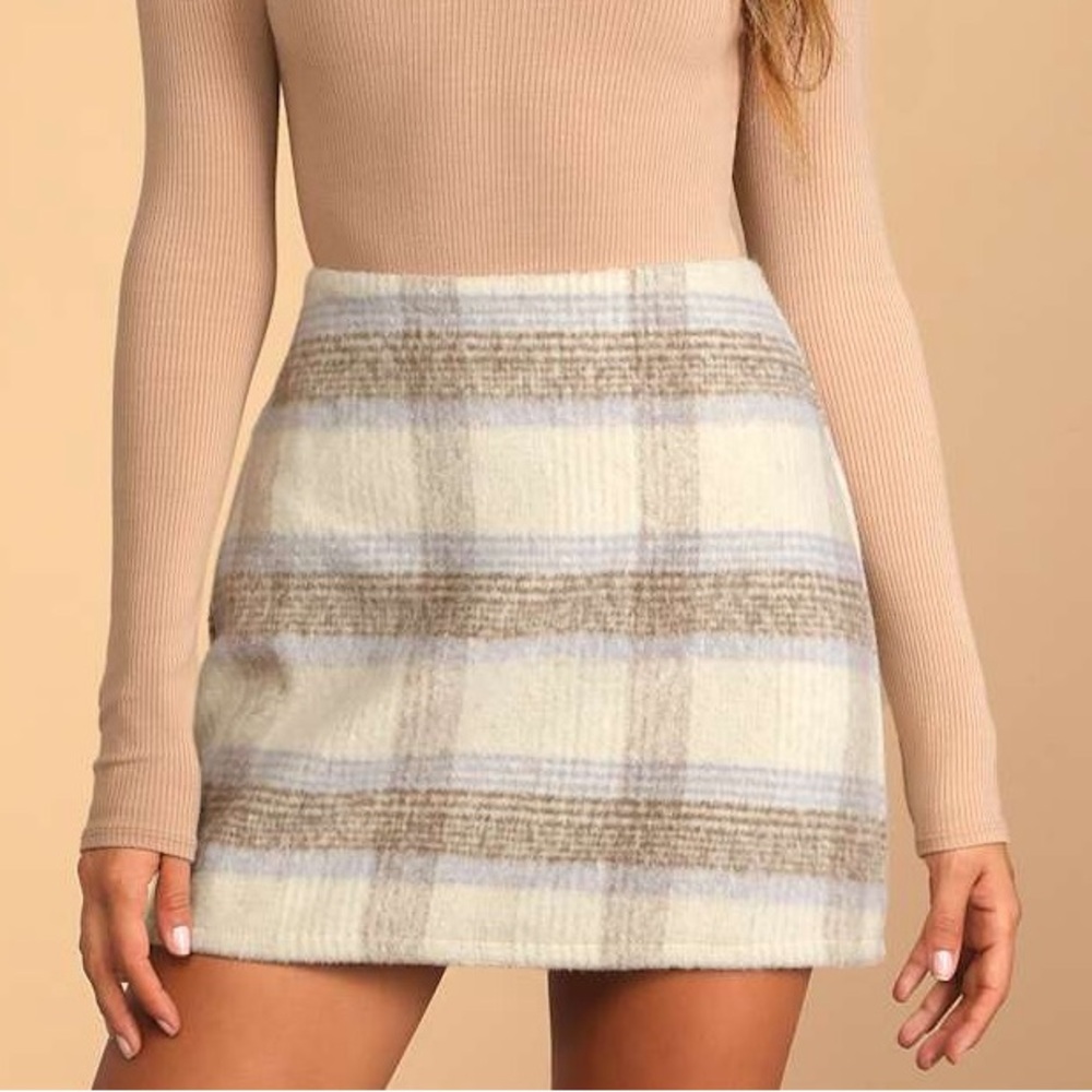 Lulus Cozy Chicness Ivory Multi Plaid Brushed Wool-Blend Mini Skirt Size S